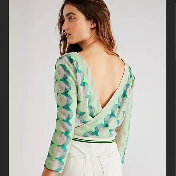 NWT☘️ Anna Sui Green maximalist print Wrap Top blouse sexy Free People sweater M - Picture 2 of 11